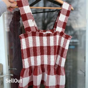 LOFT Women's M Red Gingham Smocked Peplum Sleeveless Tank Top